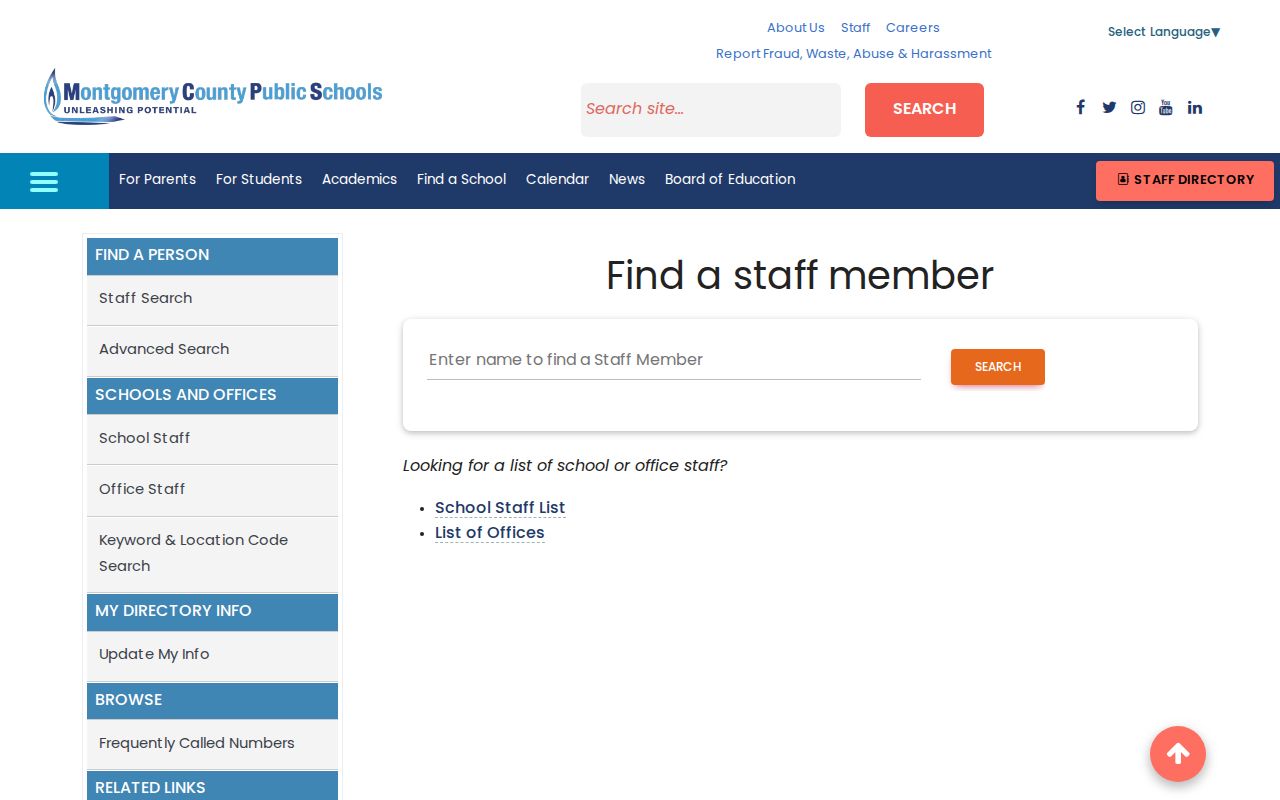 Potomac people directories interface for Montgomery County Public Schools