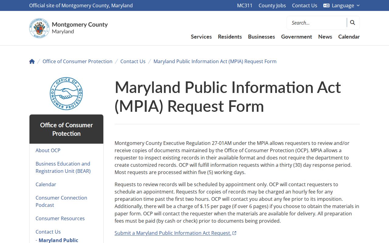 Potomac public records Montgomery County MPIA request page