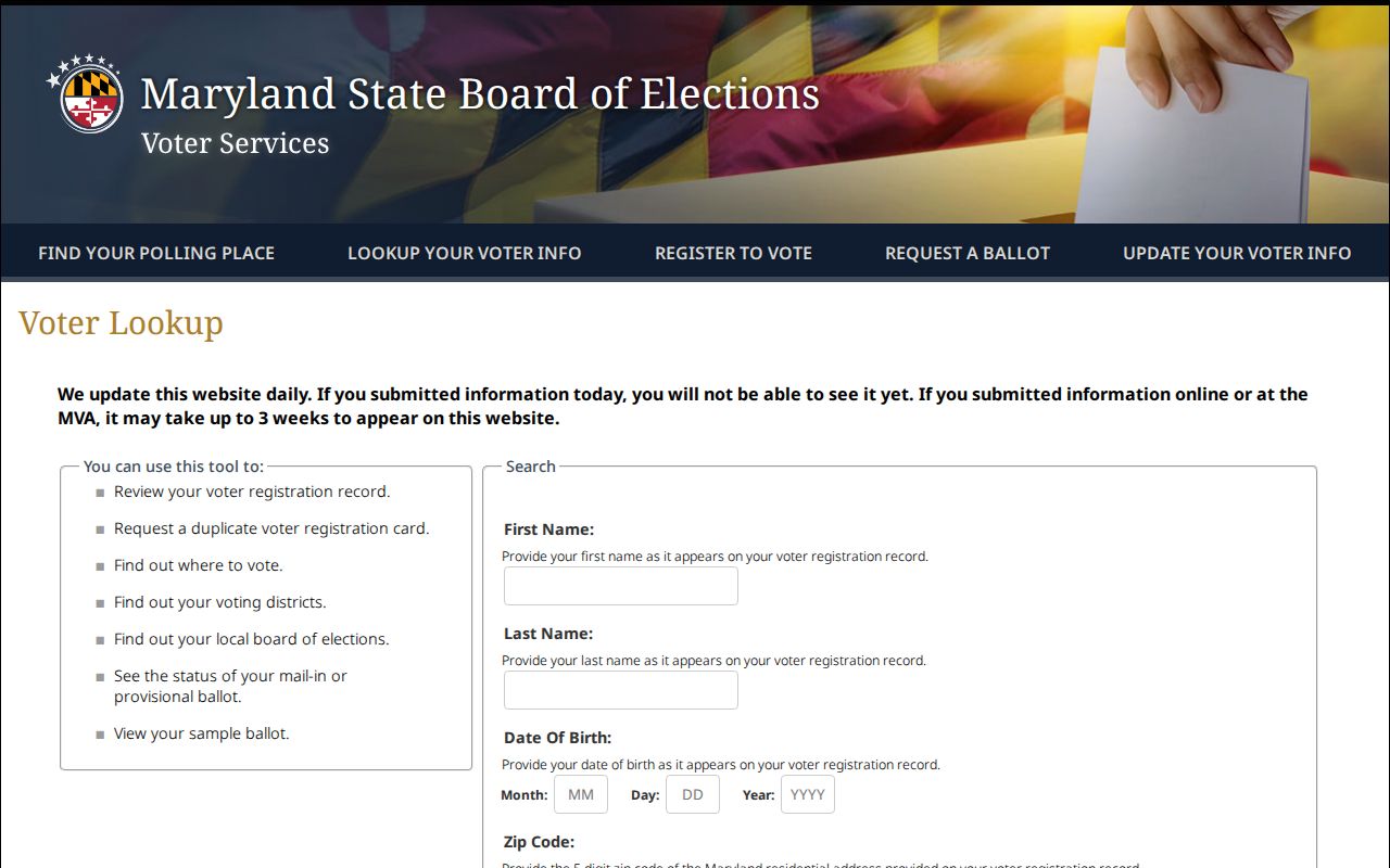 Potomac voter registration lookup fields in Maryland Voter Lookup