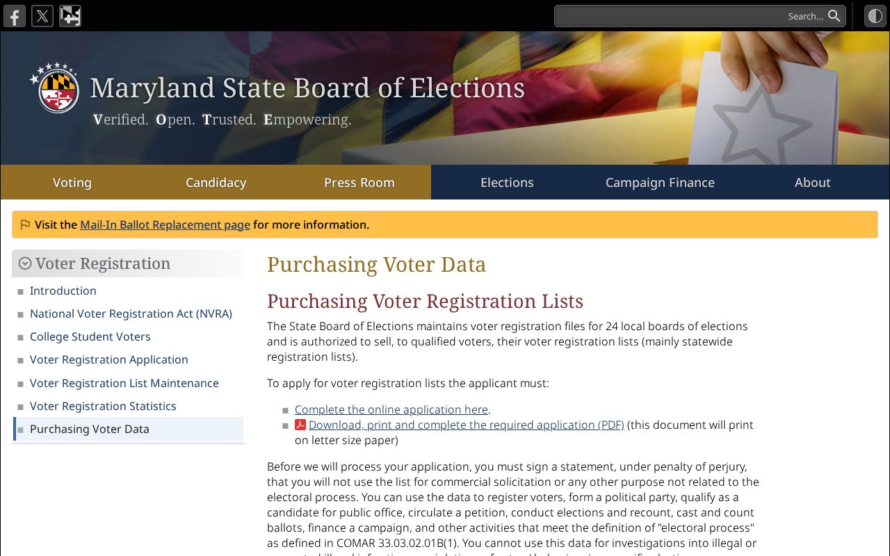 Potomac voter registration data access rules and list pricing